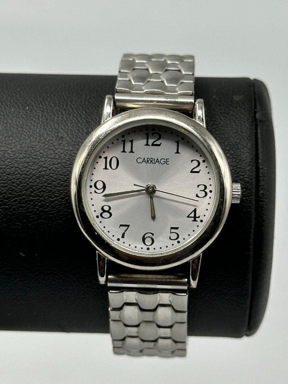 3/$30 Carriage Watch Women Silver Tone 27MM Round Dial Stretch Band New Battery